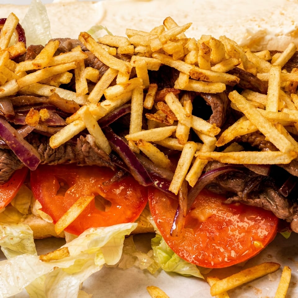 Steak sandwich with french fries, red onions, tomatoes, and lettuce on a white bun.