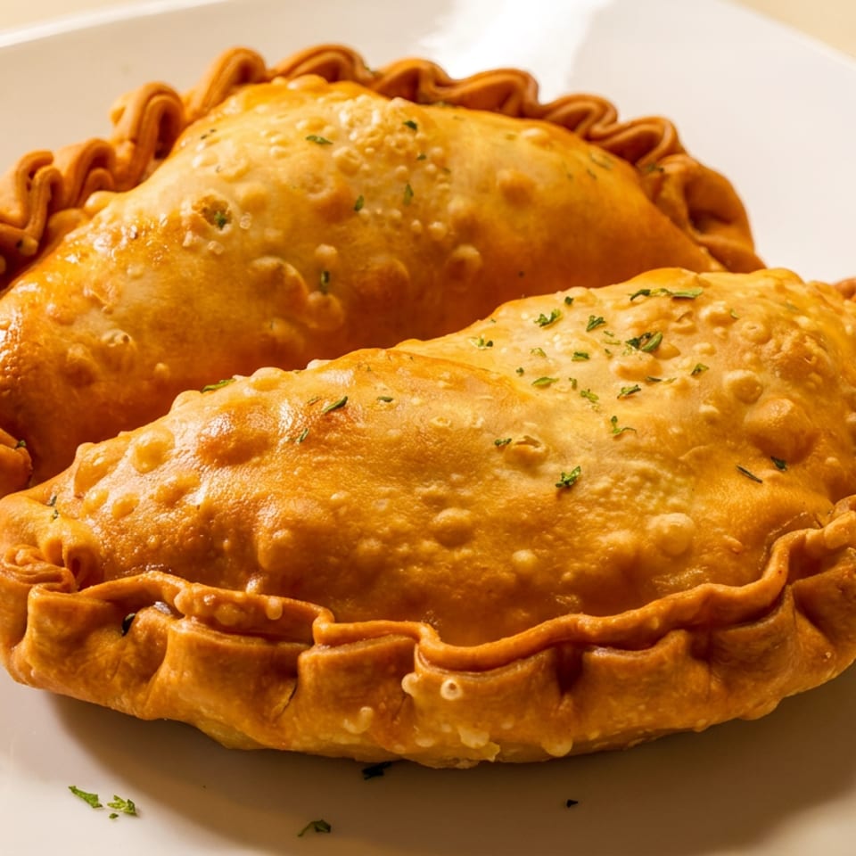 Two golden-brown empanadas with crimped edges and herbs on a white plate.