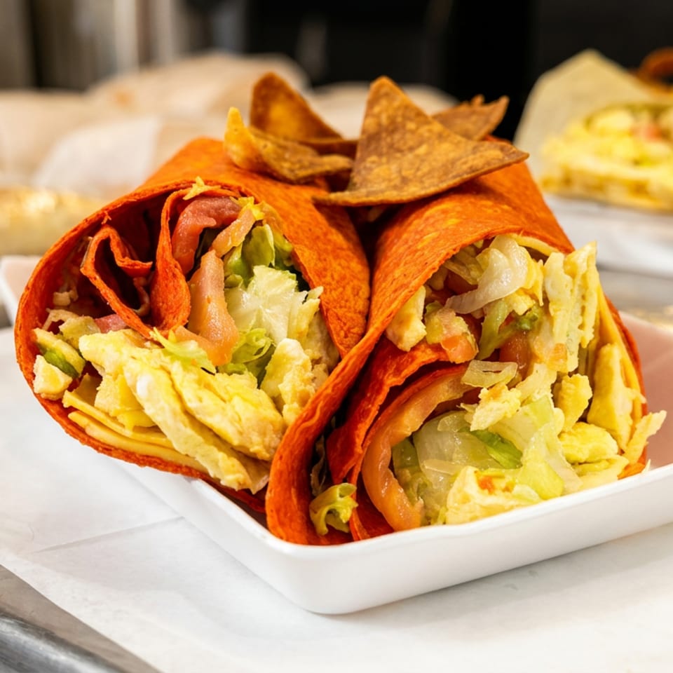 Two red wraps with egg, lettuce, and tomato, served with tortilla chips in a white takeout box.
