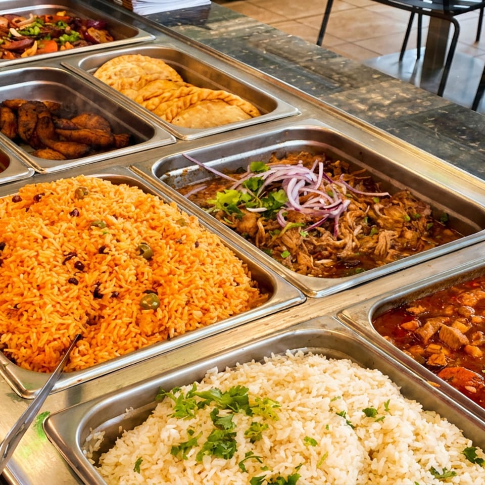 Restaurant buffet with various hot dishes including rice, stews, meats, empanadas, and plantains.
