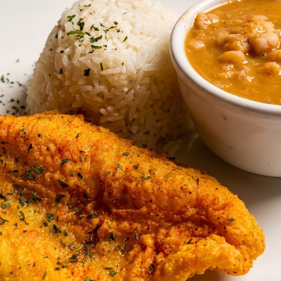 Crispy fried fish, fluffy white rice, and a bowl of creamy beans on a white plate.